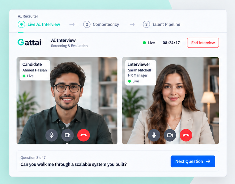 Gattai AI Recruiter live interview screen showing a candidate and interviewer video call, interview progress through Competency and Talent Pipeline stages, and question 3 of 7
