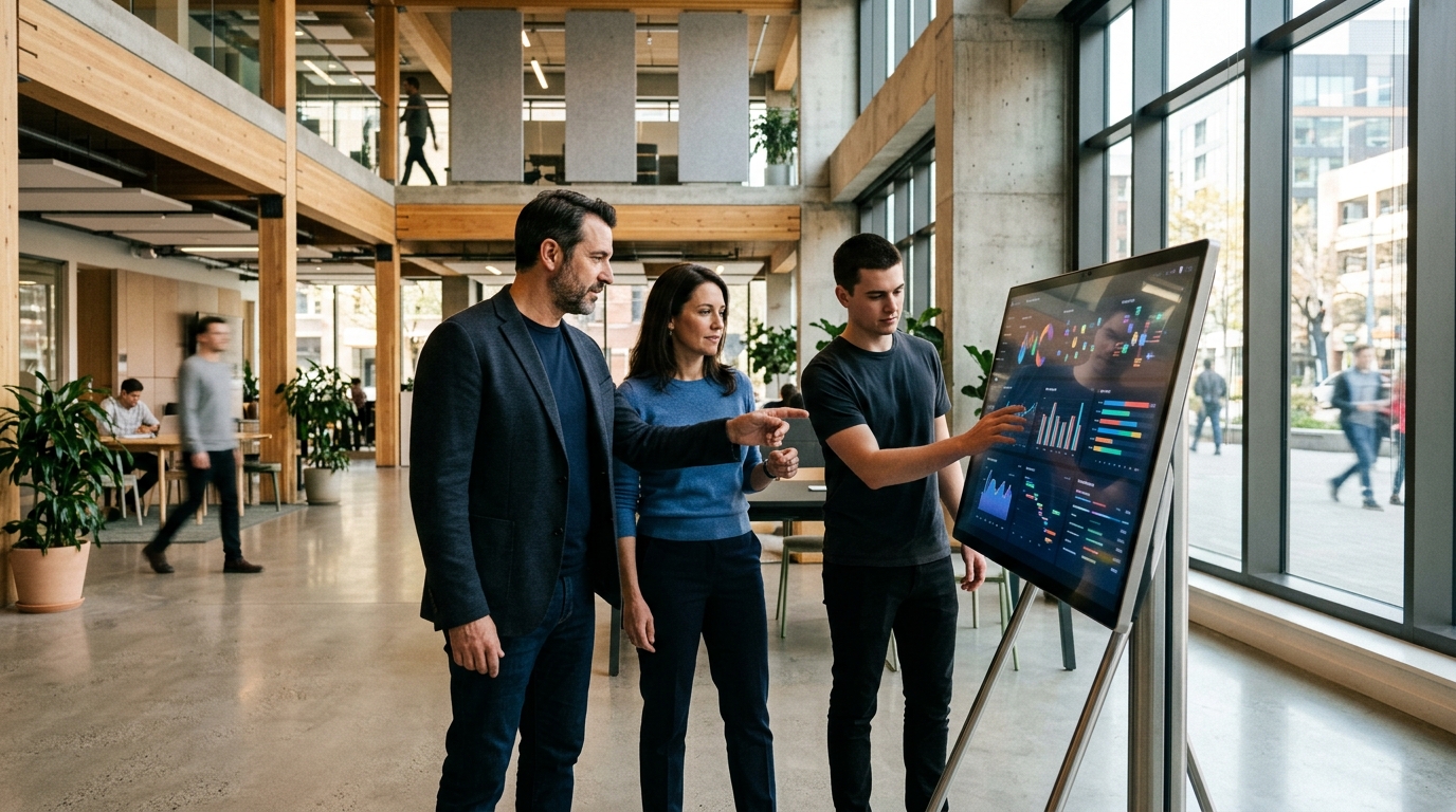 A dynamic team reviewing continuous performance progress on a touch display.