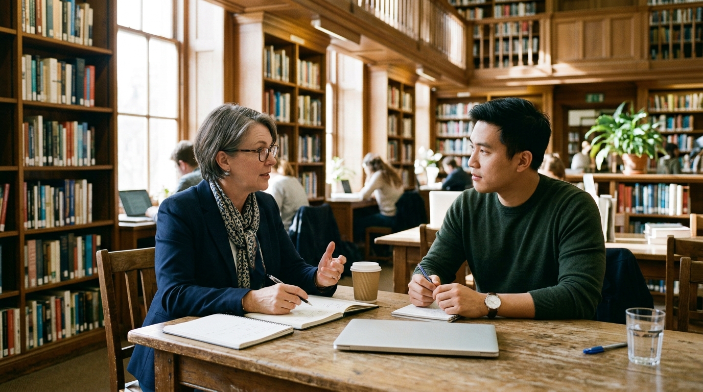 A professional mentoring and personal development session in a library workspace.