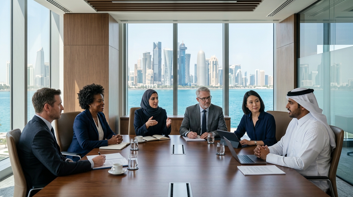 Professionals in Doha discussing Qatar National Vision 2030 workforce initiatives.
