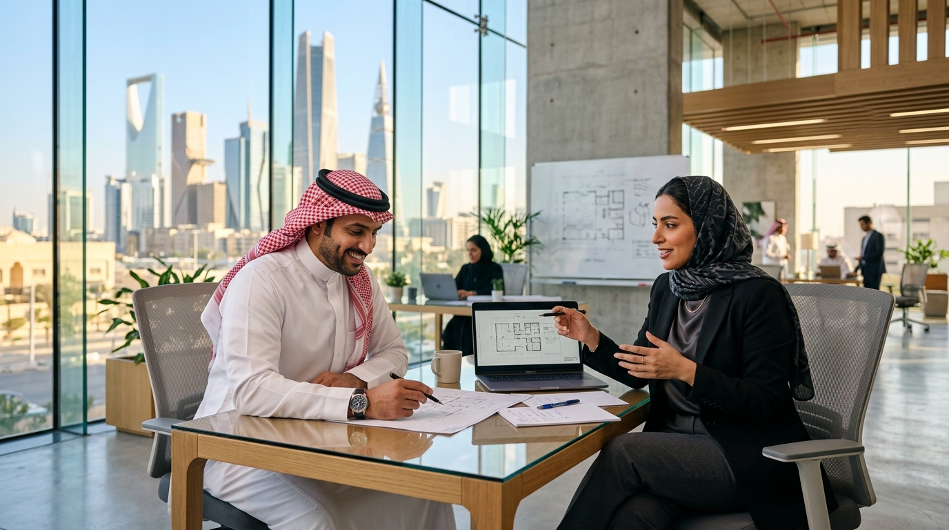 Saudi executives collaborating in a modern Riyadh corporate office.