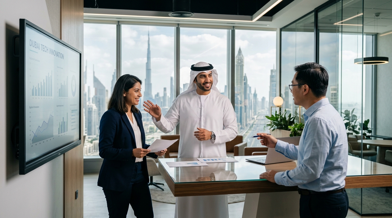 Diverse professionals in Dubai collaborating on workforce strategy.