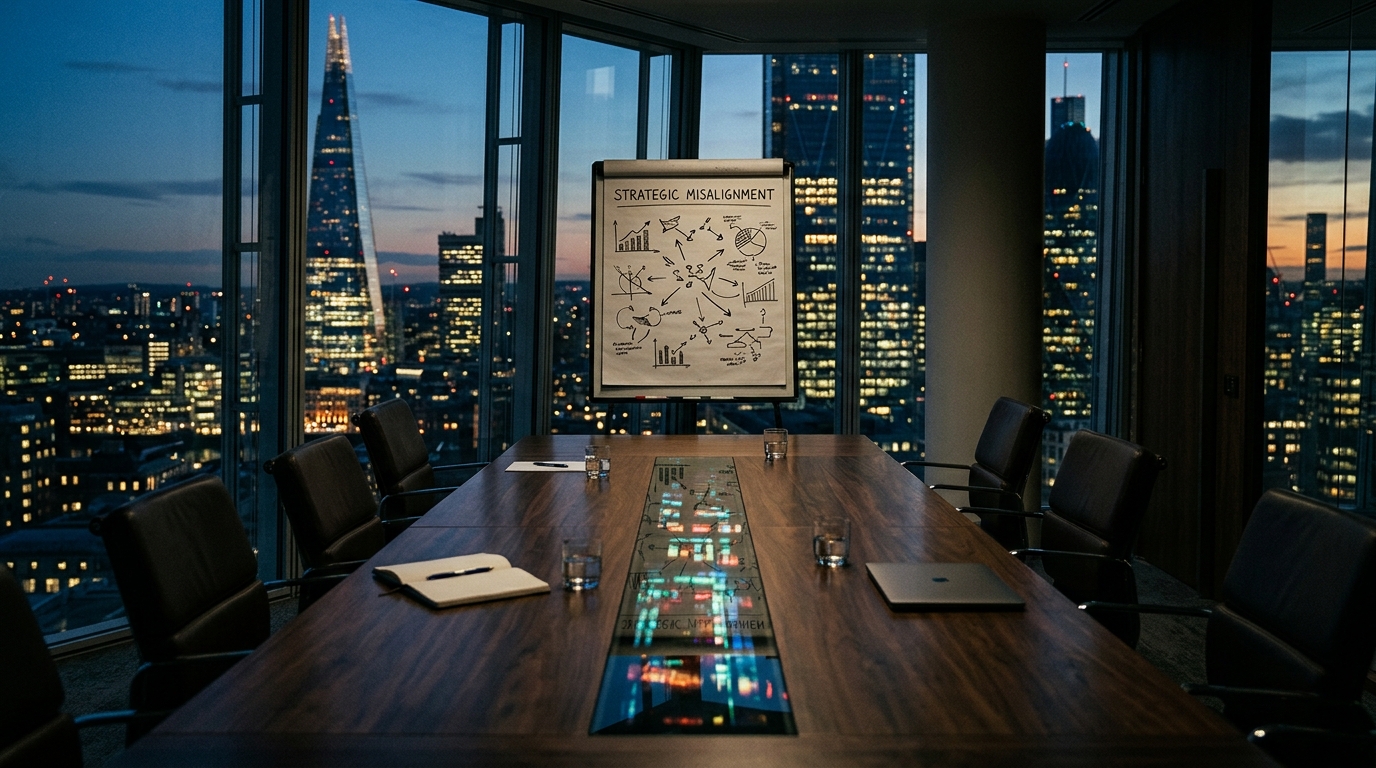 An executive boardroom reflecting city lights, focusing on strategic execution.