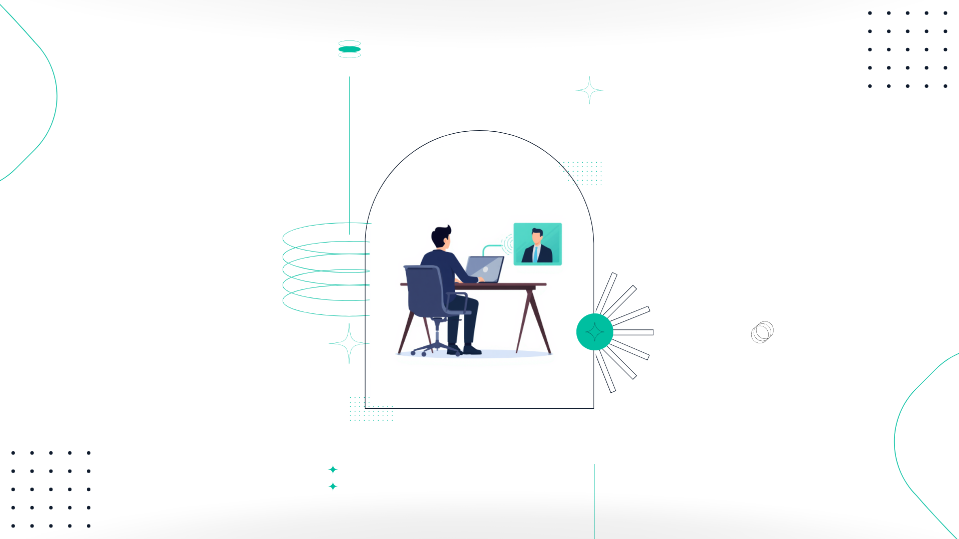 Illustration of a recruiter at a laptop on a video call with a candidate, connected by a glowing teal signal line, representing AI-powered recruiting