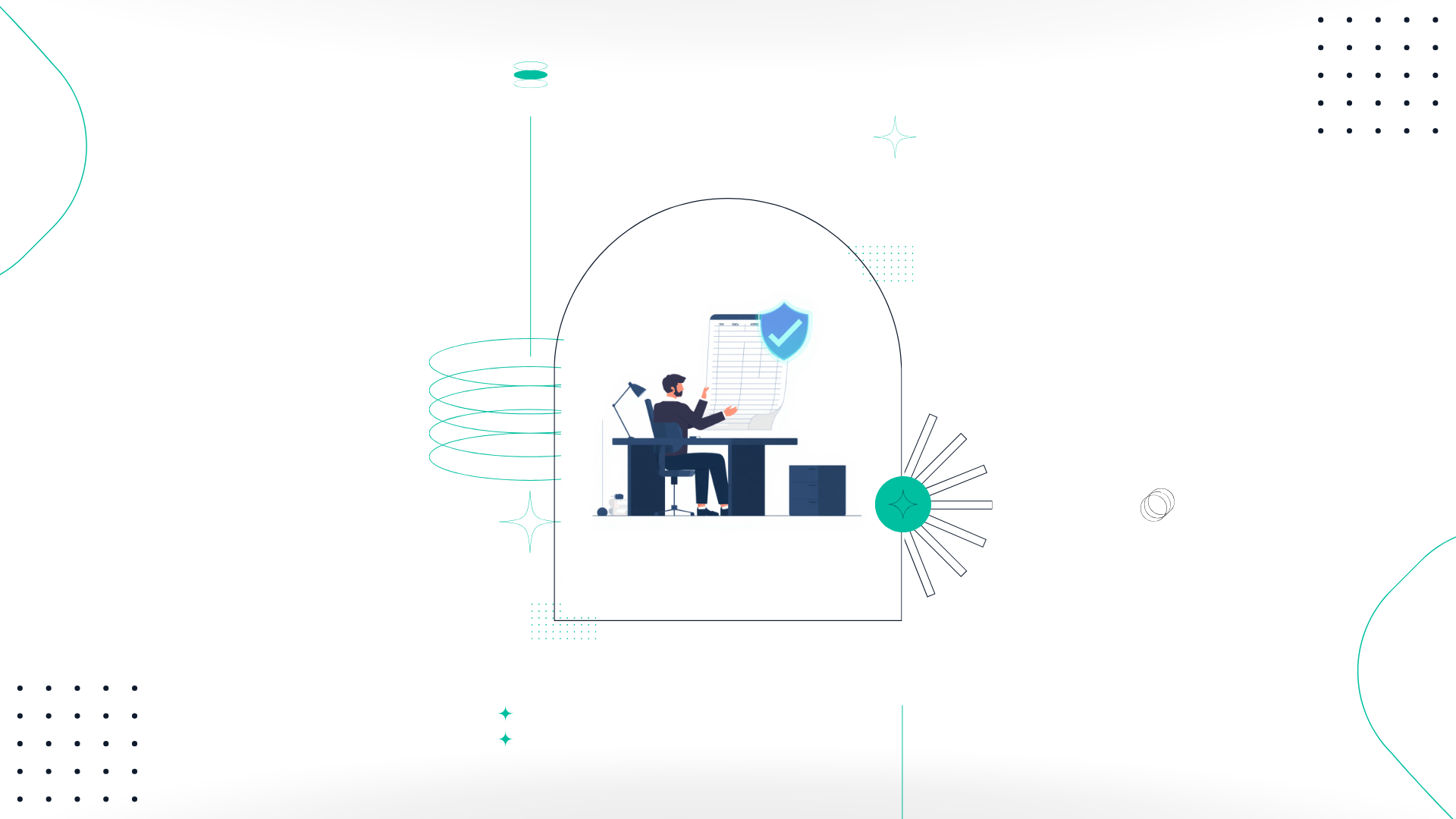 Illustration of a person reviewing a payroll ledger with a glowing teal shield-and-checkmark badge, representing payroll, compliance and governance