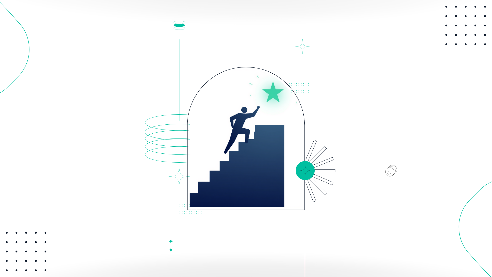 Illustration of a person climbing a bar-chart-shaped staircase toward a glowing teal star, representing performance management